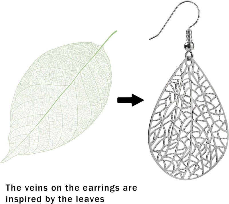 Teppdfann Store 14K Gold Plated Silver Rose Gold Teardrop Filigree Dangle Earrings Lightweight Leaf Drop Earrings for Christmas Gift - Image 5